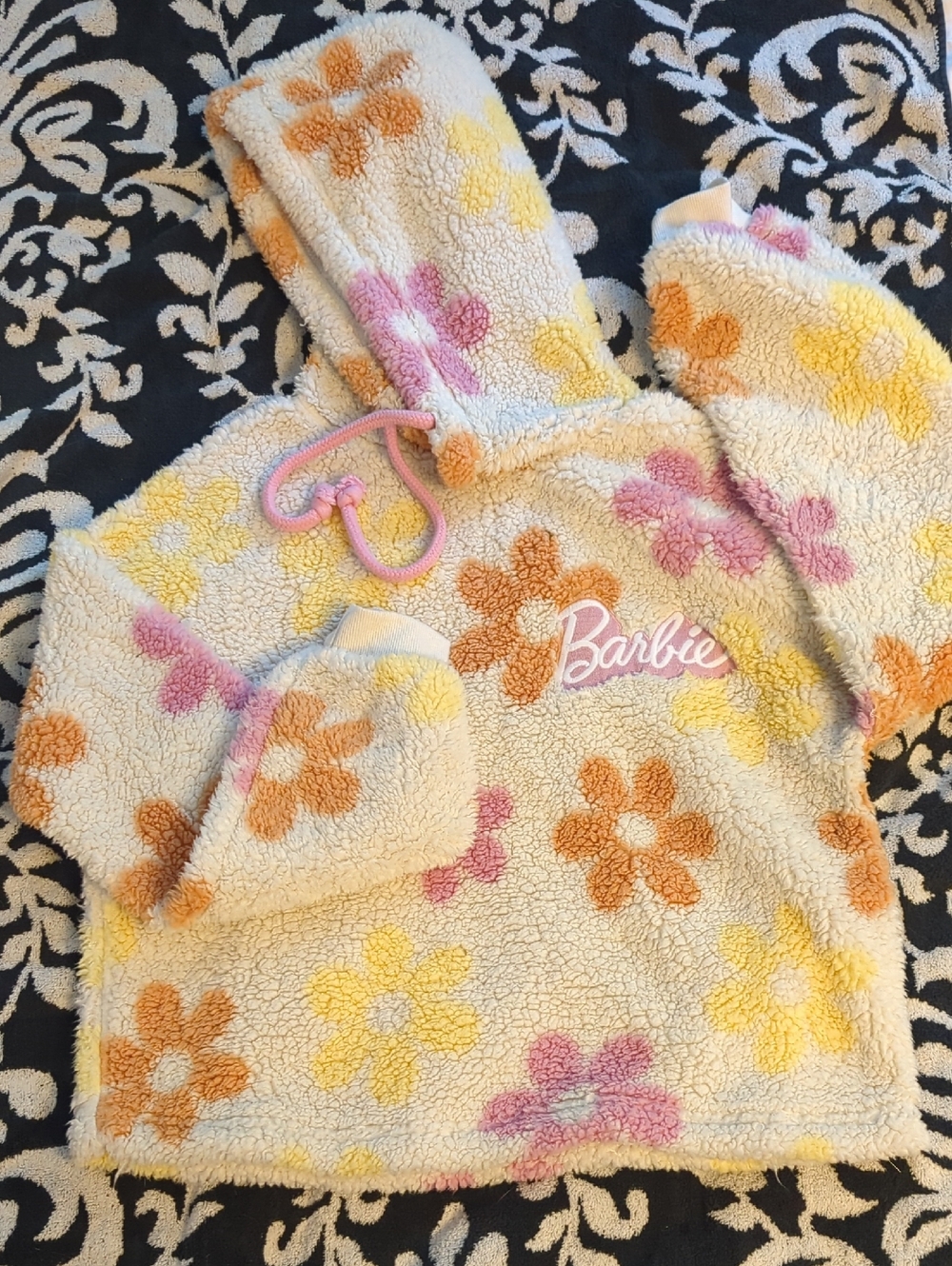 Barbie Cream Sherpa Hoodie with Pink, Yellow & Orange Daisy Print XS, S, M